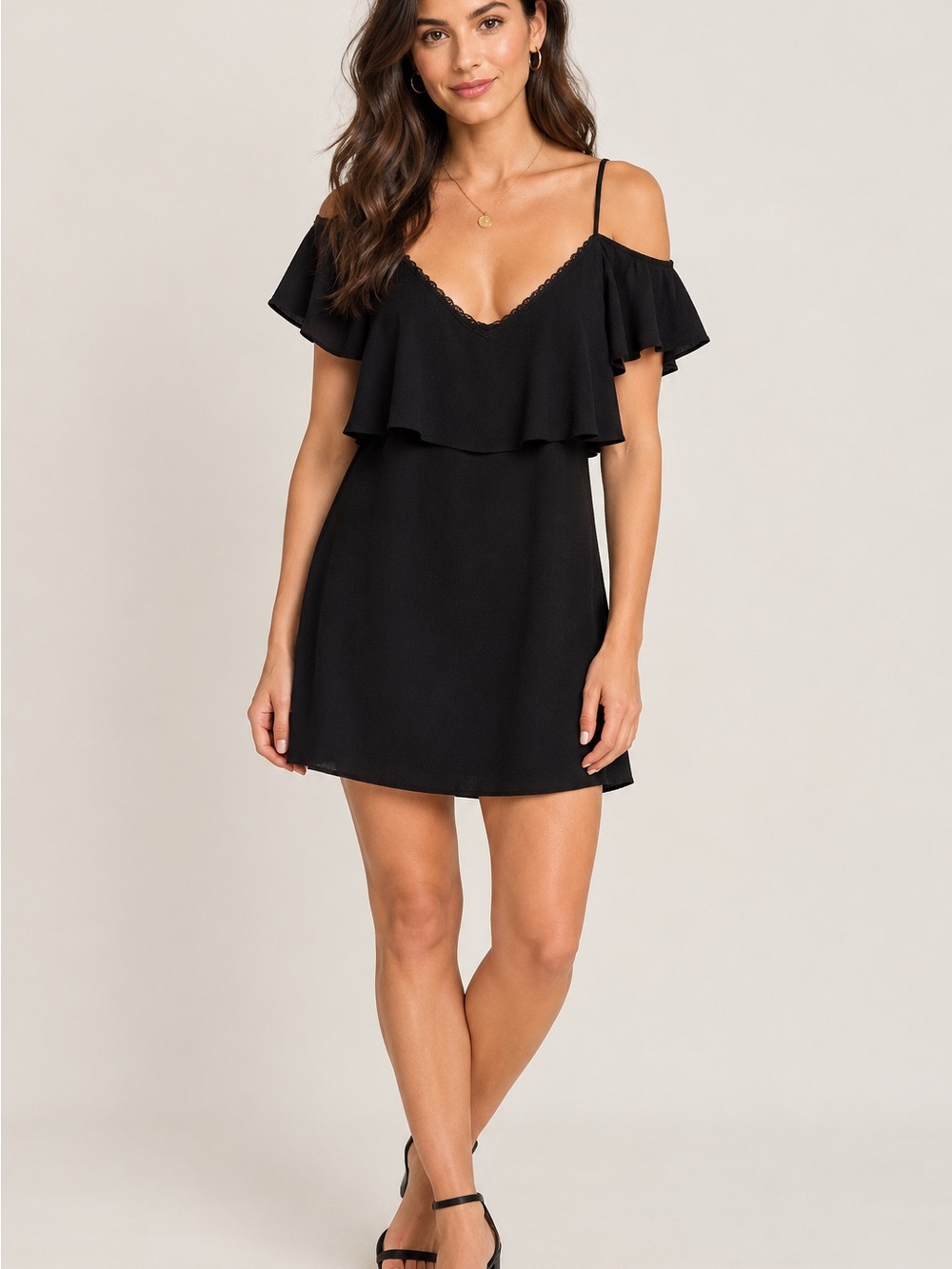 Zara Trafaluc Black Ruffle Mini Dress Size Small S V Neck Lace Trim
